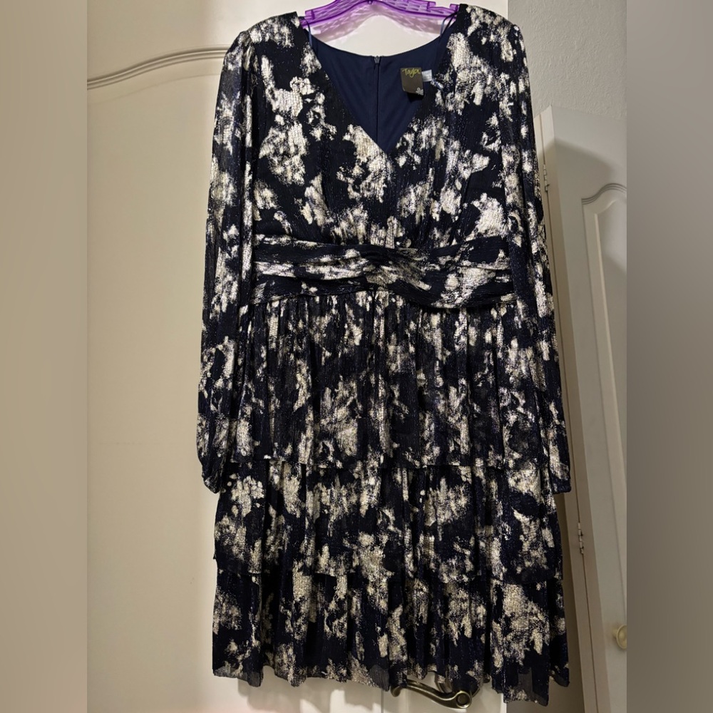 Chic Black and Metallic Blue & Gold Patterned Dress